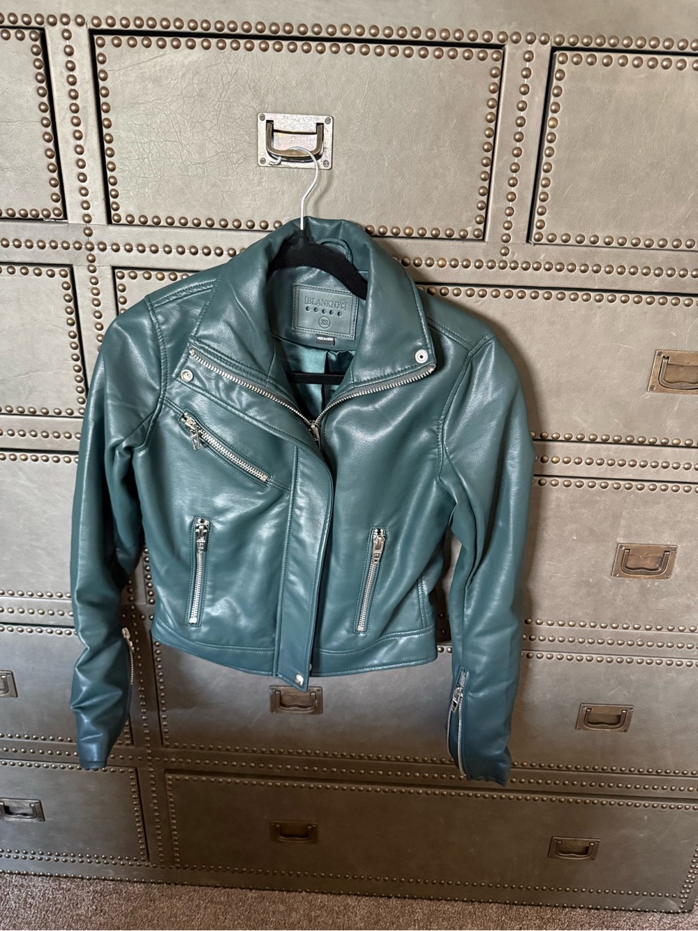 Blank NYC Teal Faux Leather Moto Jacket with Silver Hardware